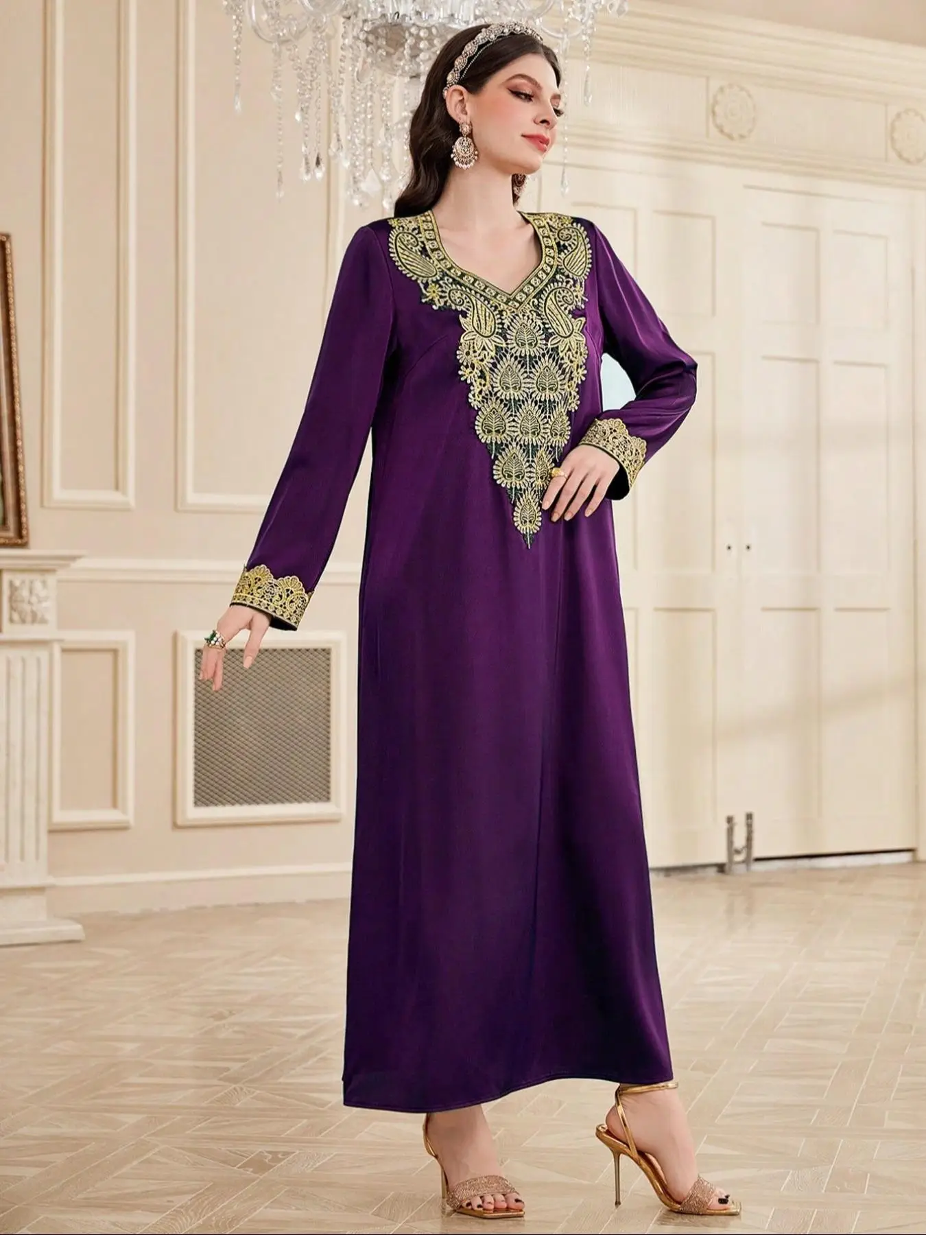 Women's Plain Embroidery V Neck Long Sleeve Dress, Elegant Long Dress for Party Wedding Guest, Ladies Islamic Clothing for All Seasons