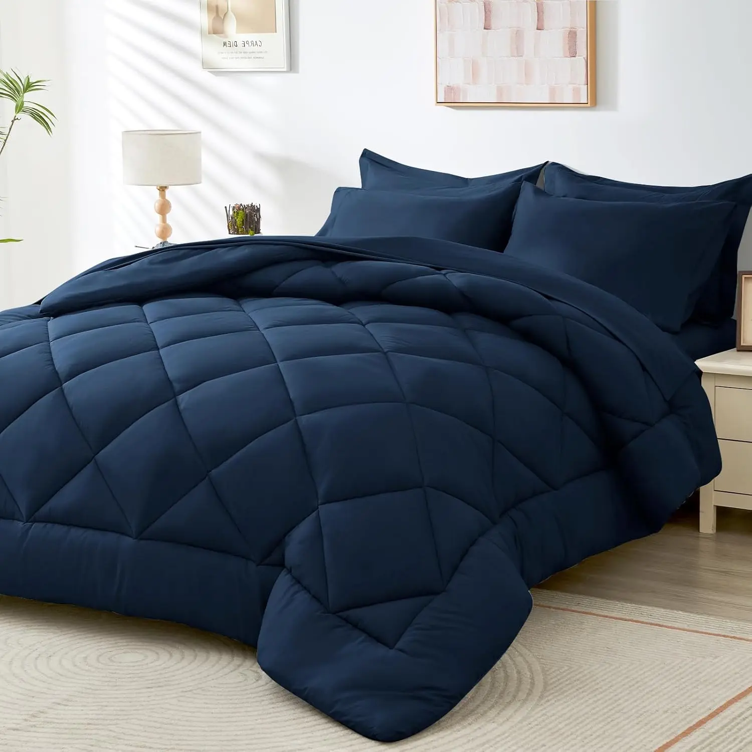 Navy Blue 5-Piece Twin XL Dorm Bedding Set - Modern, Brushed Texture, Static-Free All Seasons Down Alternative with Comforter, Flat Sheet, Fitted Sheet, Pillowcase, Pillow Sham, Durable Baffle Box Construction, Travel Bag Included