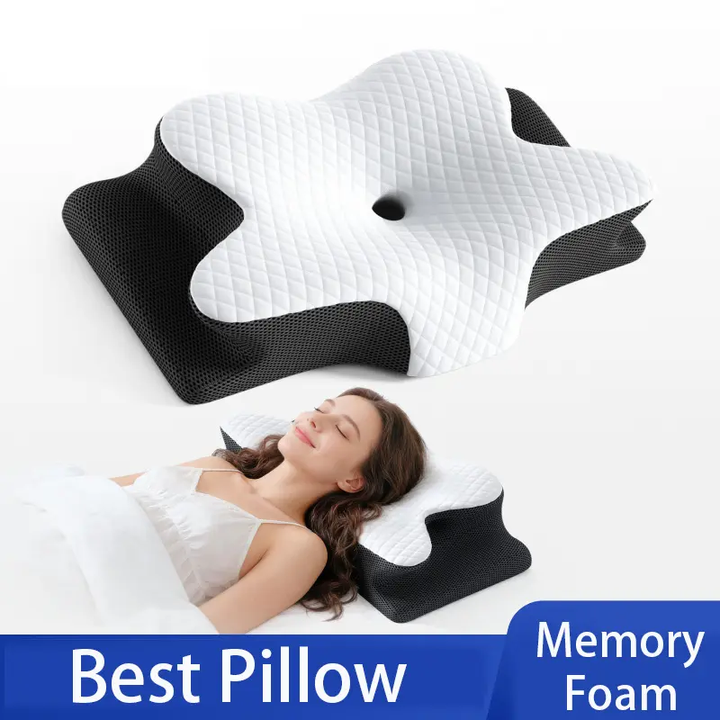 Contoured Ergonomic Memory Foam Pillow with Memory Foam Cushioning, 3.7" Side Support for Neck Relief, Every Sleeper| Home Bathroom Supplies Gadget Pillow, Removable Cover