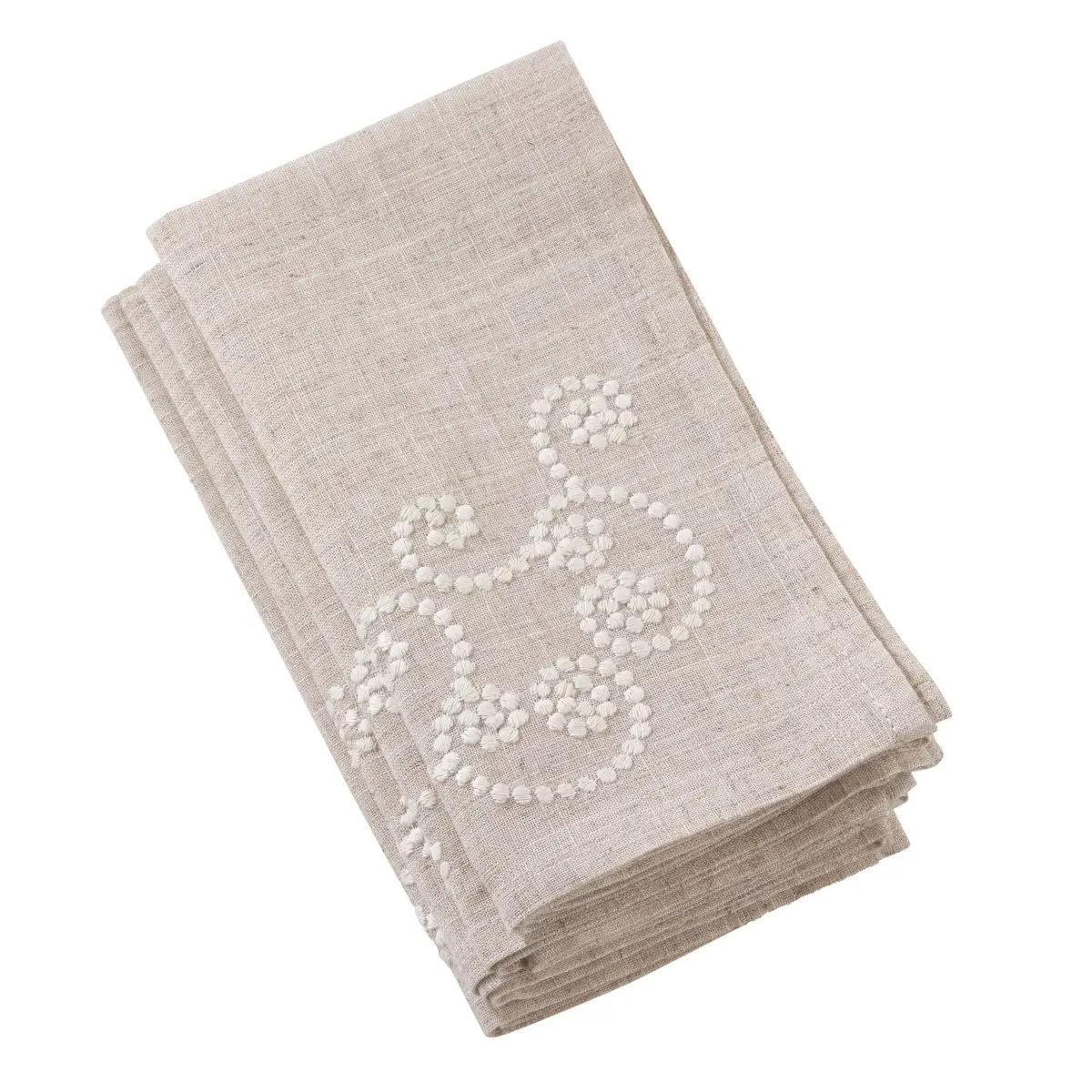 SARO Square Polyester-Linen Blend Napkins - 4-Piece Set, Embroidered Swirl Motif, Neutral Tone, Natural Tableware for Versatile Events