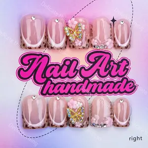 Delicatething  Y2K Style Duckbill Square Nail Tips, Handmade Wearable Nails, 4 Sizes XS S M L, Gold Butterfly Flower Leopard Design, Nail Art Design, Leopard Print, Nail Designs