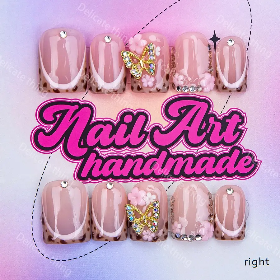 Delicatething  Y2K Style Duckbill Square Nail Tips, Handmade Wearable Nails, Decorative Nails, 4 Sizes XS S M L, Gold Butterfly Flower Leopard Design, Nail Art Design, Leopard Print, Nail Designs