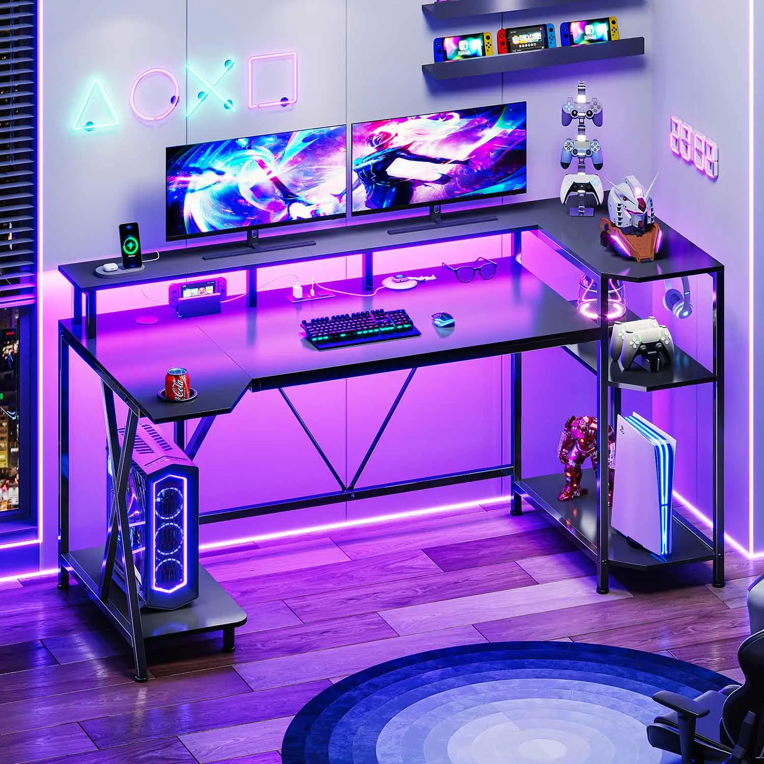 Sedeta 55-in Heavy Duty Metal L-Shape Gaming Desk - Heavy Duty Table, Multi-Monitor/Dual-Monitor Stand, Built-In Outlets, LED Lights, Storage Shelf, Cup Holder, Wood Top for Office/Commercial Use, Multi-Monitor Stand Desks