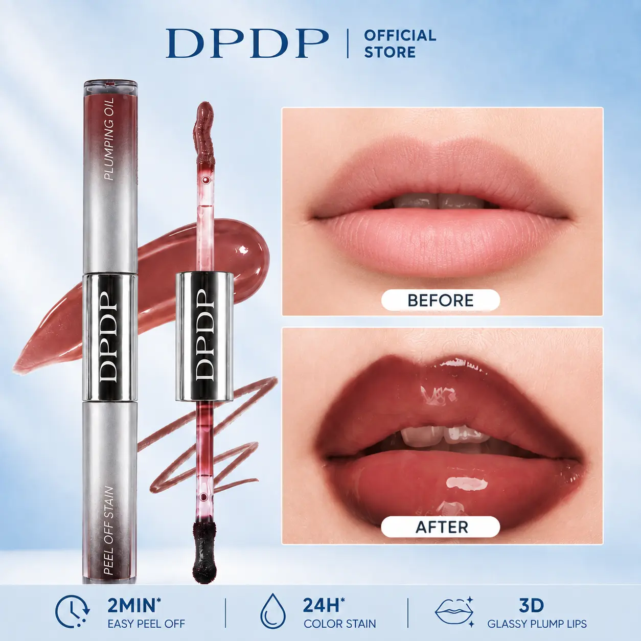 DPDP Peel-Off Lip Liner Stain & Plumping Lip Oil Duo, 2-in-1 Long-Lasting Transfer-Resistant Stain with Hydrating High-Shine Lip Gloss
