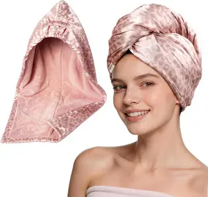 YANIBEST Satin Microfiber Hair Towel Wrap for Women, Fast Drying, Ultra Absorbent, Head Turban with Elastic for All Hair Types, Pickleopard