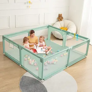 CAVEEN Baby Playpen, 63" x 63" x 27" Extra Large Playard, Portable Soft Mesh Sturdy Pipe Ample Space for abies and Toddler, Safe and Non-Slip Baby Fence, Full Mesh Design, Indoor & Outdoor Kids Activity Center, Green