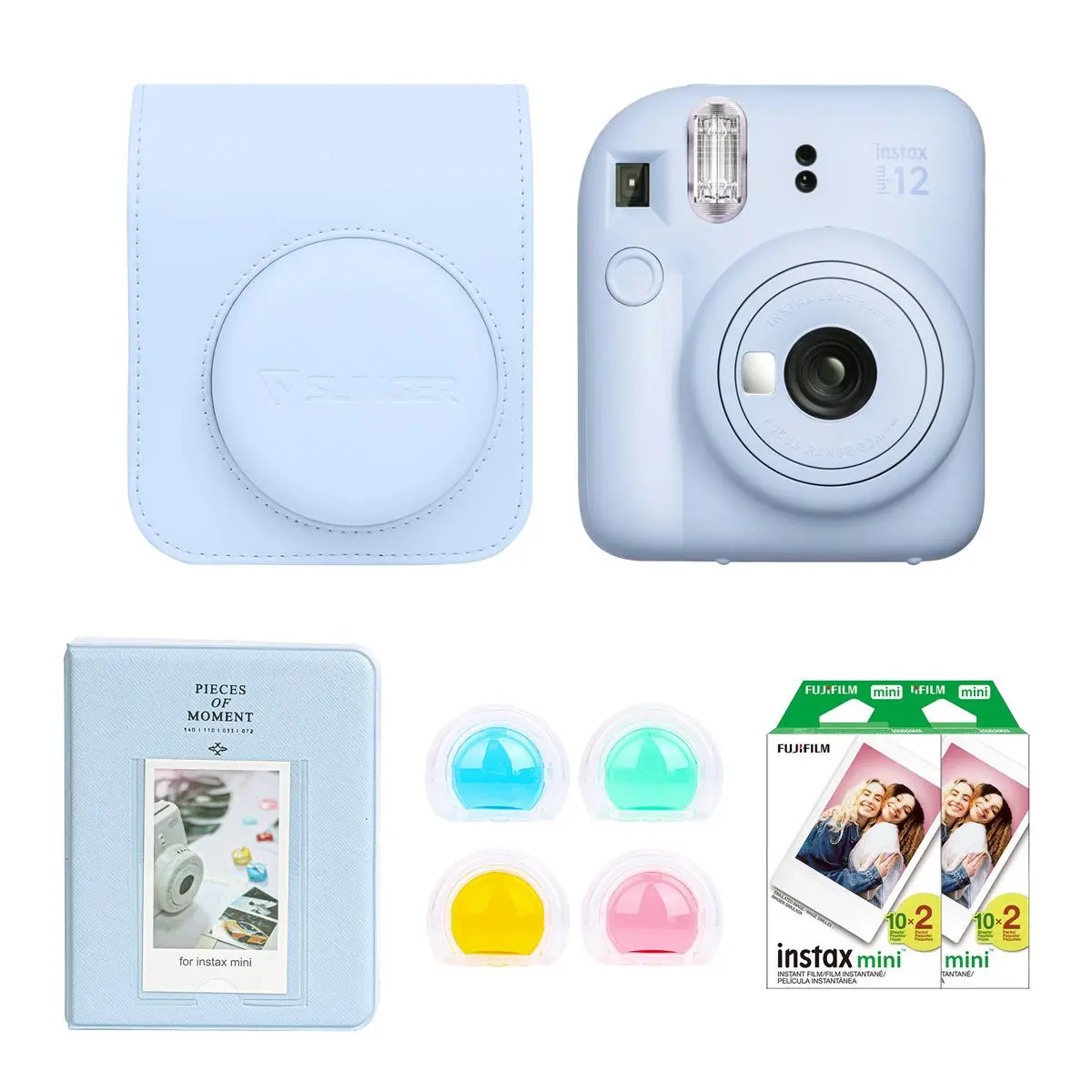 Fujifilm Instax Mini 12 Instant Film Camera, Pastel Blue Bundle with Instax Mini Custom Case, Accessory Kit and Daylight Film, 2x Twin Pack (40 Exposures) ISO 800