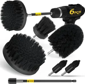 6Pack Drill Brush Power Scrubber Cleaning Brush Extended Long Attachment Set All Purpose Drill Scrub Brushes Kit for Grout, Floor, Tub, Shower, Tile, Bathroom Black