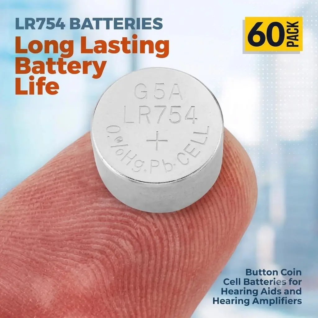 AG5 LR754 Batteries - 60 Count Pack - 1.5V Alkaline 754 LR48 193 Battery Button Coin Cell Batteries for Hearing Aids and Hearing Amplifiers