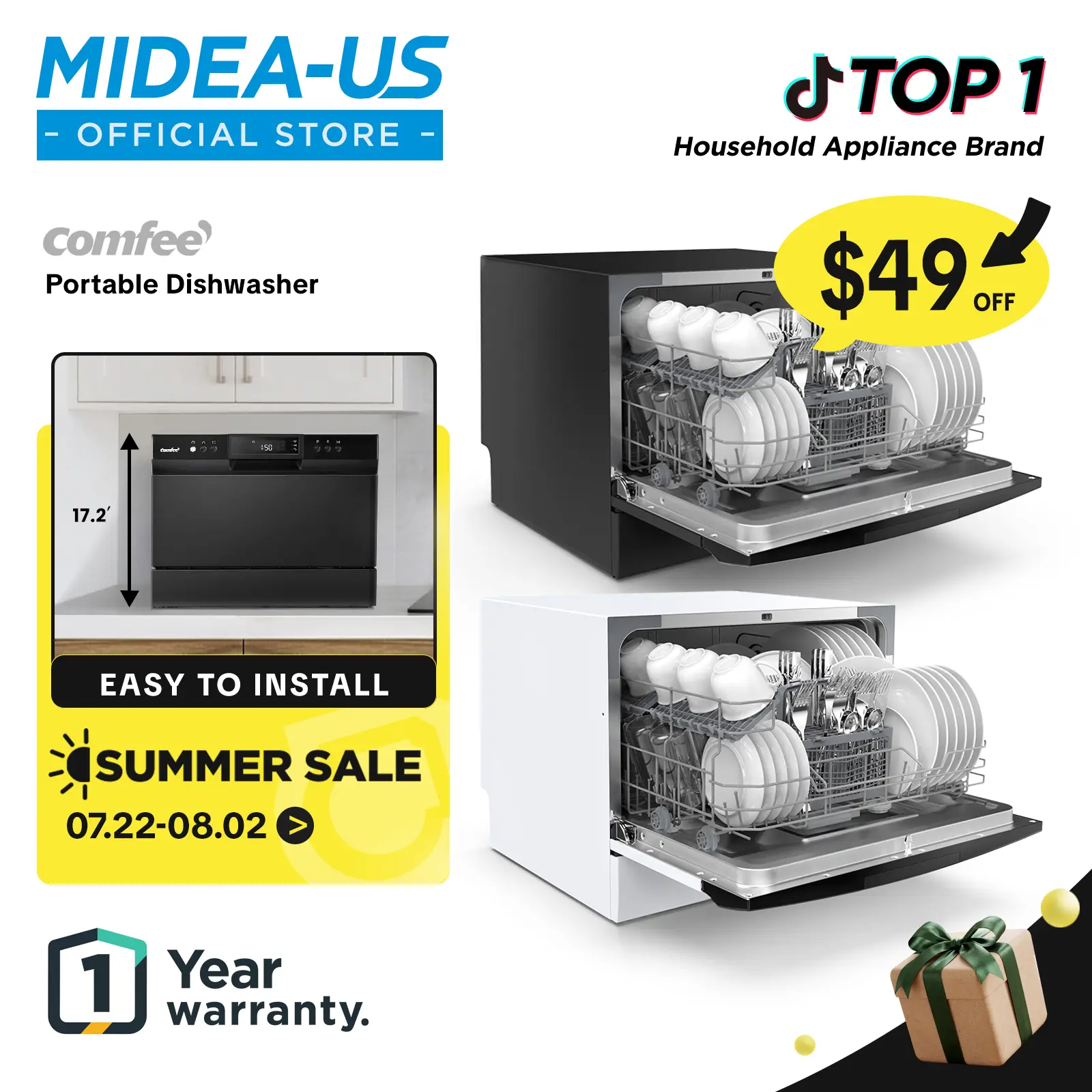 COMFEE’ Portable Mini Dishwasher, New ,Energy Star, Countertop, 6 Place Settings, 8 Washing Programs, Speed, Baby-Care, ECO& Glass, Durable Multifunction for Dorm, RV& Apartment, White