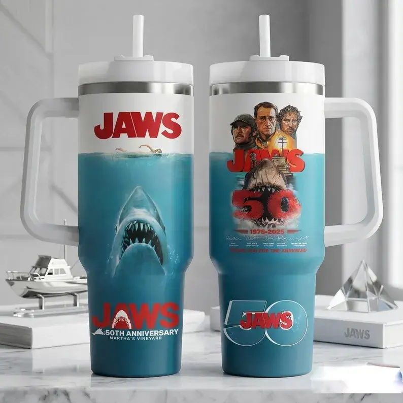 Jaws Tumbler 40oz, Amity Island 1975 Stainless Steel Tumbler, Vacuum Insulated Travel Mug, Double Wall Coffee Cup, Leakproof Water Bottle, Gift for Movie Fans