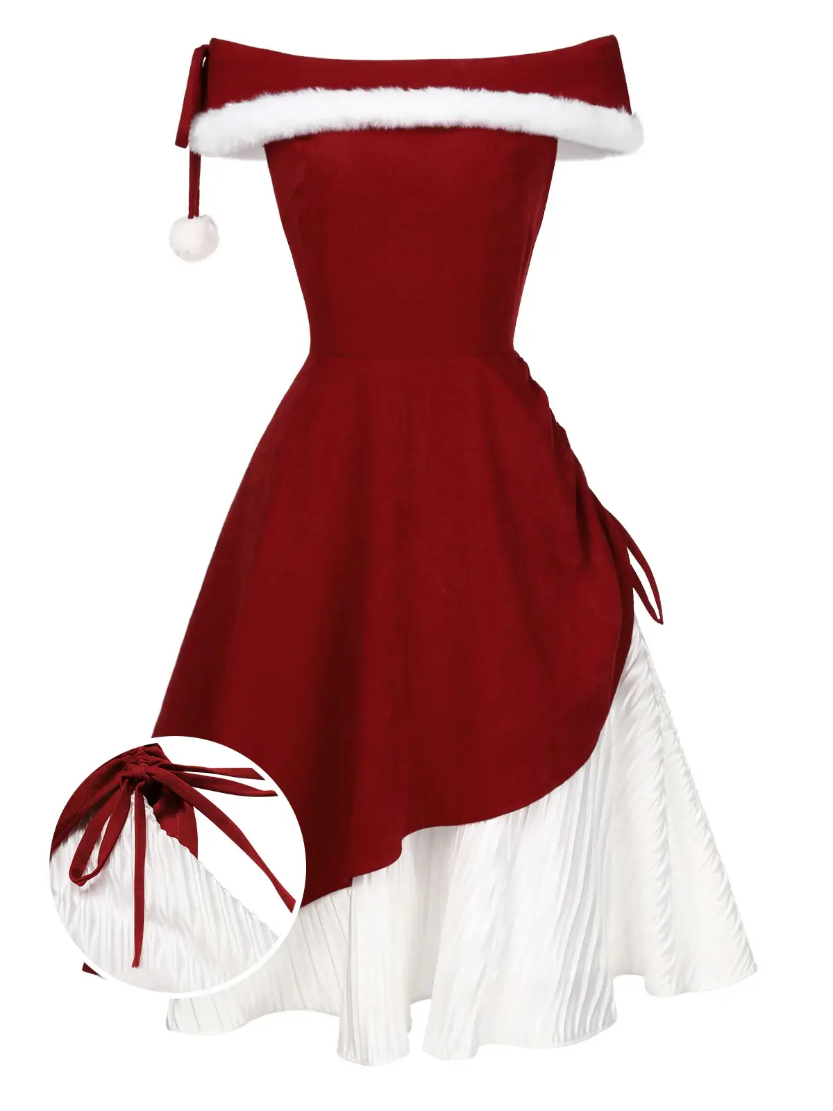 RETRO STAGE Women's 1950s Vintage Christmas Dress, Red Off-Shoulder A-Line Swing Gown with Plush Trim for Holiday Parties, Women's Clothes, Zipper