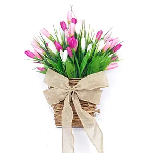 Tulip Wreath for Front Door - Spring Summer Home Decor, Decorative Flowers, Fake Tulips Artificial Flower Wall Hanging for Indoor Outdoor, Porch Patio Garden Party Wedding Decoration, Housewarming Gift for Women, Mom, Grandma