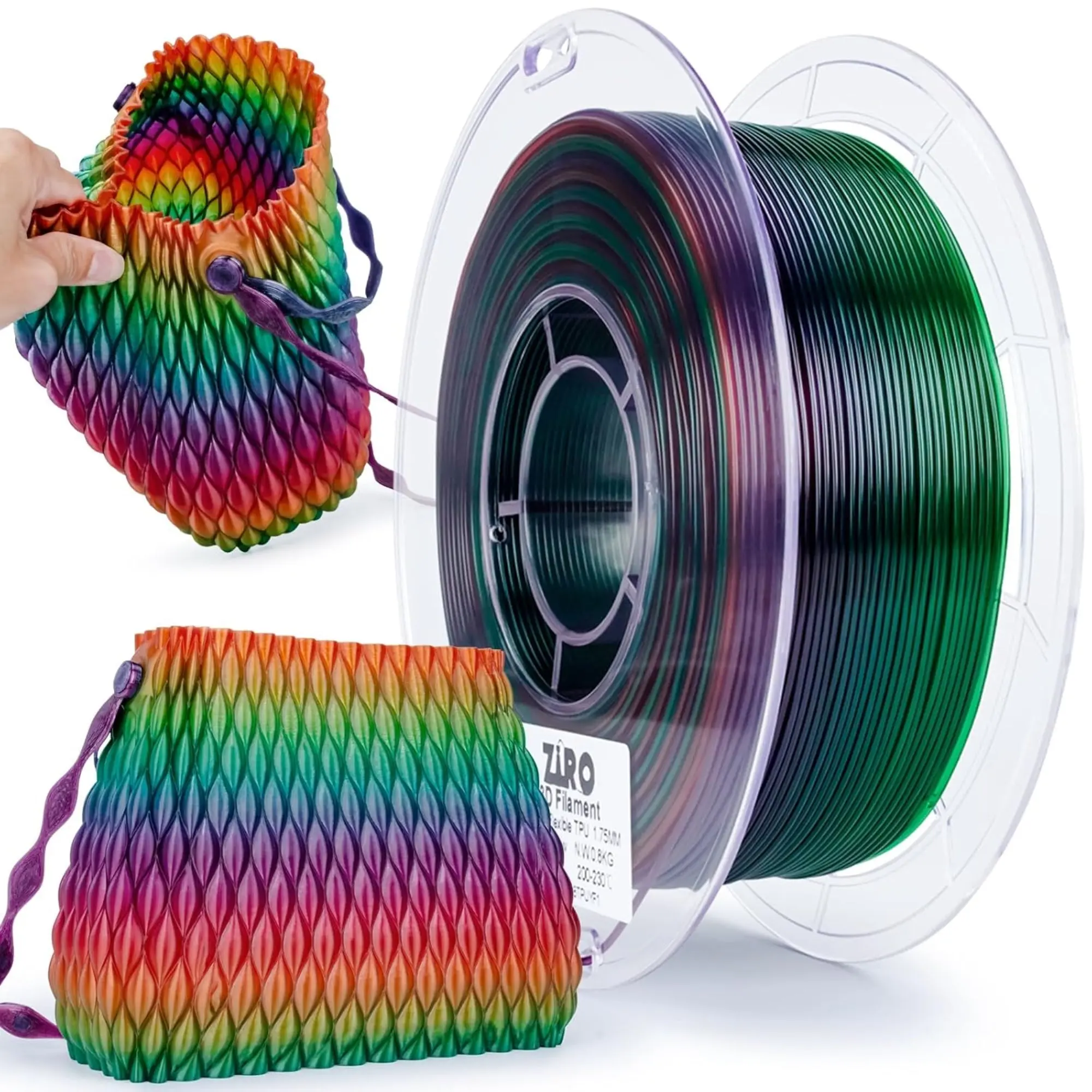Ziro Rainbow-Gradient Flexible TPU 3D Printing Filament, 1.75mm Diameter, +/-0.03mm Dimensional Accuracy, Filament 3D Printing Supplies