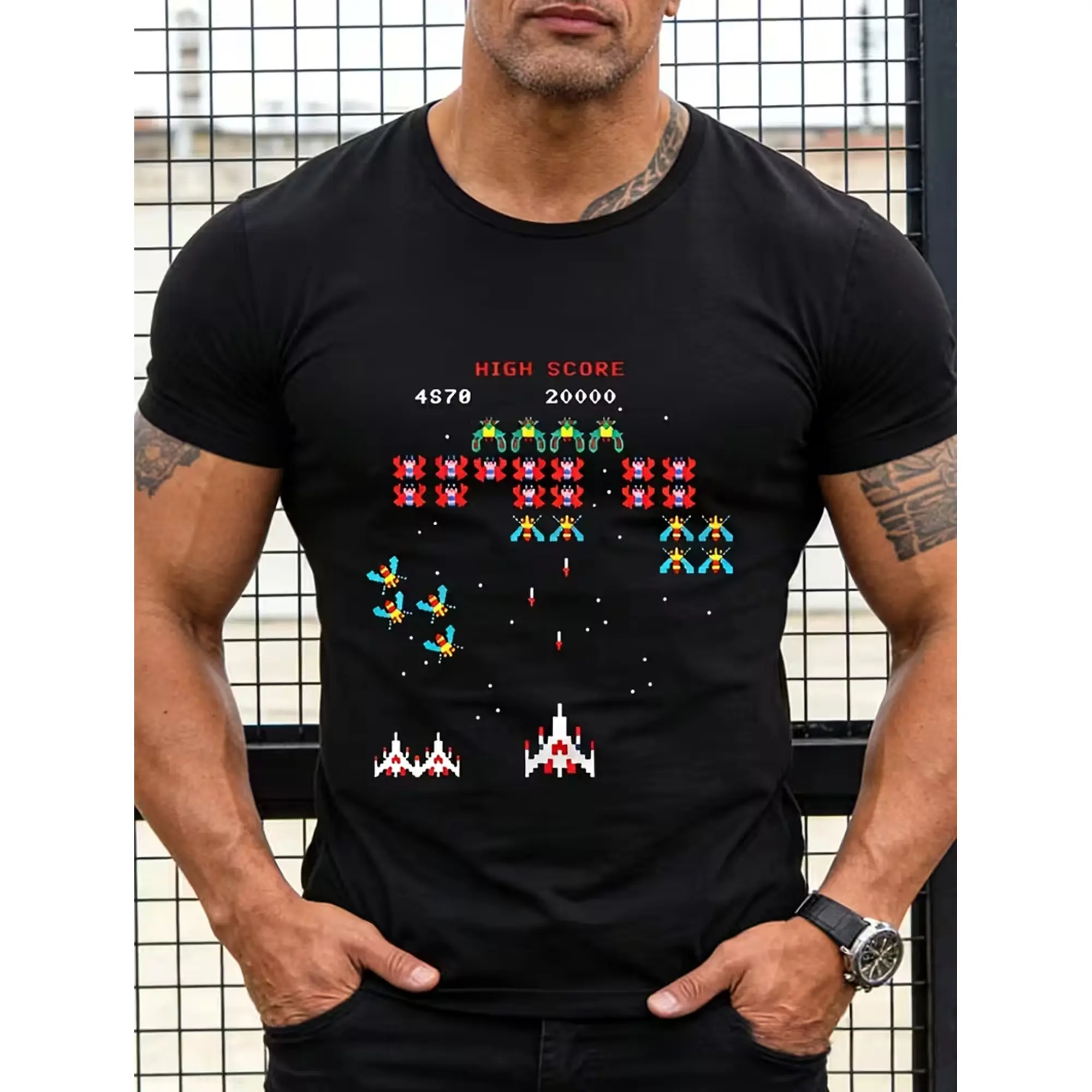 Men'S Round Neck Short Sleeve T-Shirt, Retro Arcade Space Invaders Game Print, Gaming Enthusiast, Nostalgic Vintage Style