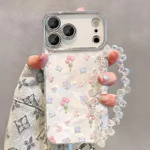 Iridescent Shell Pattern Tulip Phone Case with Crystal Lanyard & Diamond-Encrusted Camera Frame, Fresh and Gentle Style, Wear-Resistant and Shockproof Cover, Compatible with iPhone 11/12/13/14/15/16/17/7/7P/X/XR/XS MAX All Models