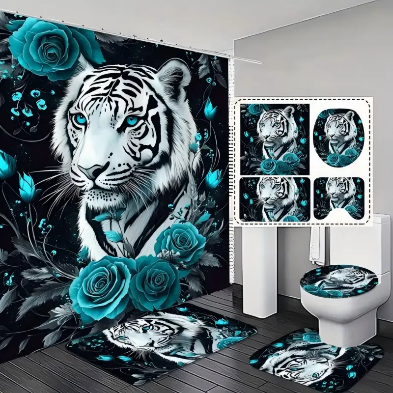 4PC Blue Rose and White Tiger Wild Art  12 Hooks And Shower Curtain U-shaped MatsFloor Mats, And Toilet Seat Covers For Bathrooms Quick Drying Machine Washable Home Bathroom Decor Shower Curtain Sets for Bathroom
