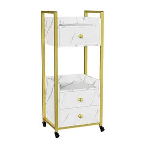 OmySalon Salon Trolley Cart with Wheels, Esthetician Cart with 3 Drawers & 2 Trays, Mobile Storage Organizer for Beauty Spa Massage Tattoo Esthetic Facial Tool Holder Station, White Marble