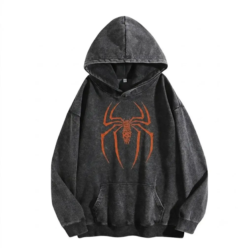 Retro Spider Web Matching Couples Spidey Washed Hoodie, Halloween Ghost Costume Graphic Tee, Boyfriend Girlfriend Cute Matching Outfits, Oversized Superhero Graphic Streetwear Top