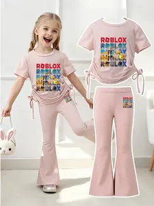 Summer Girls' Set, Roblox Game Letter Pattern, Trendy Gaming Style, Home School Outing, Drawstring Short Sleeve Flare Pants Two-Piece Set