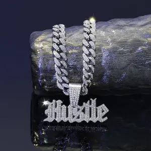 Fashionable Trend Hip Hop Pendant Necklace, Zinc Alloy Ice Crystal Cuban Chain Necklace with ‘HUSTLE’ Letter Pendant, Suitable for Men and Women Daily Wear and As A Gift