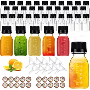 100 Pcs 2 oz Plastic Juice Shot Bottles with Caps, Clear Ginger Shots Bottles with Lids, Mini Jar for Liquids with Scale and Labels Portable Mini Containers for Ginger Juice Milk (Black Caps, 2OZ)