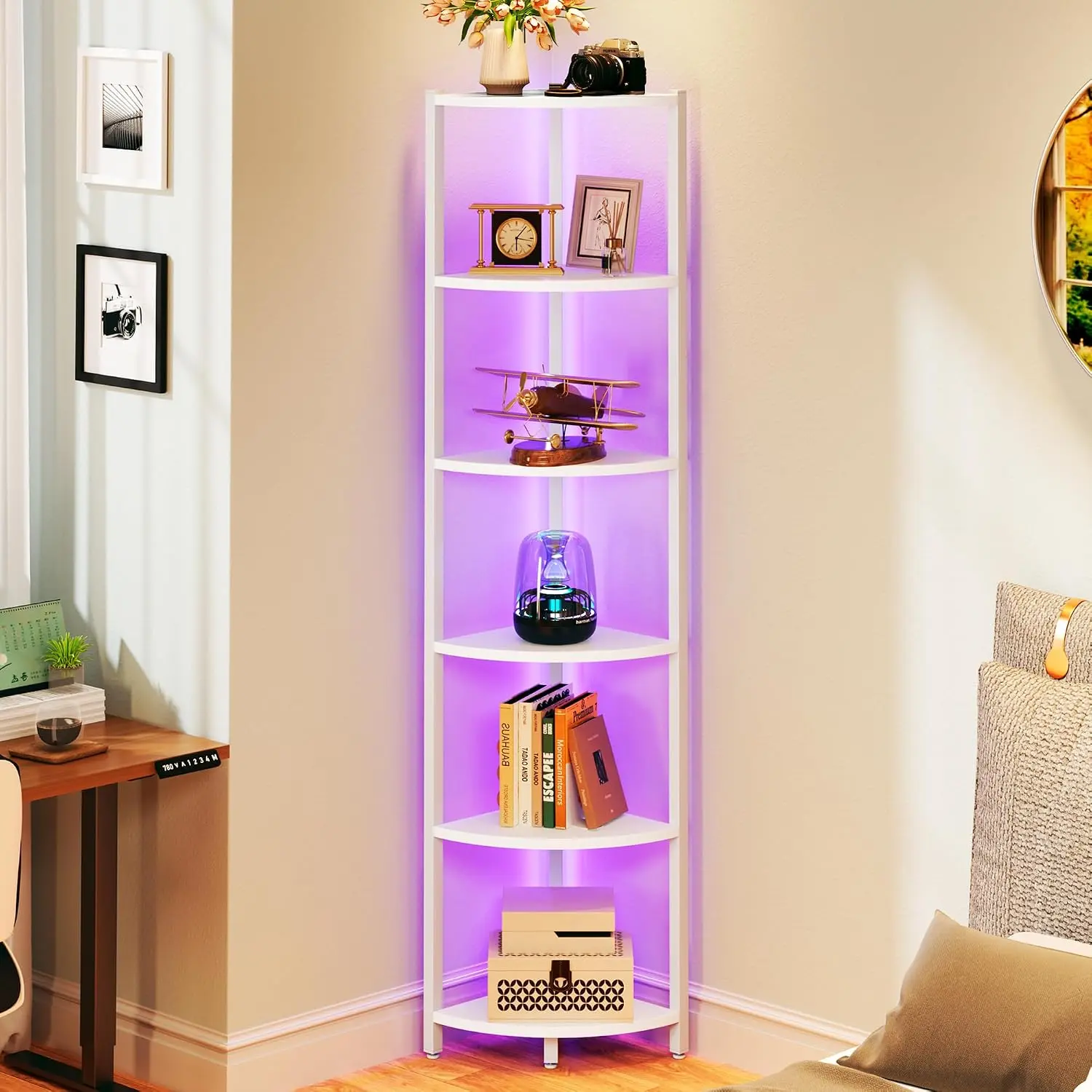 Corner Shelf with LED Lights, 6-Tier Corner Bookshelf, 66'' Organizer Book Shelf Shelves Steel Frame Display Stand with Living Room, Bedroom, Study, White