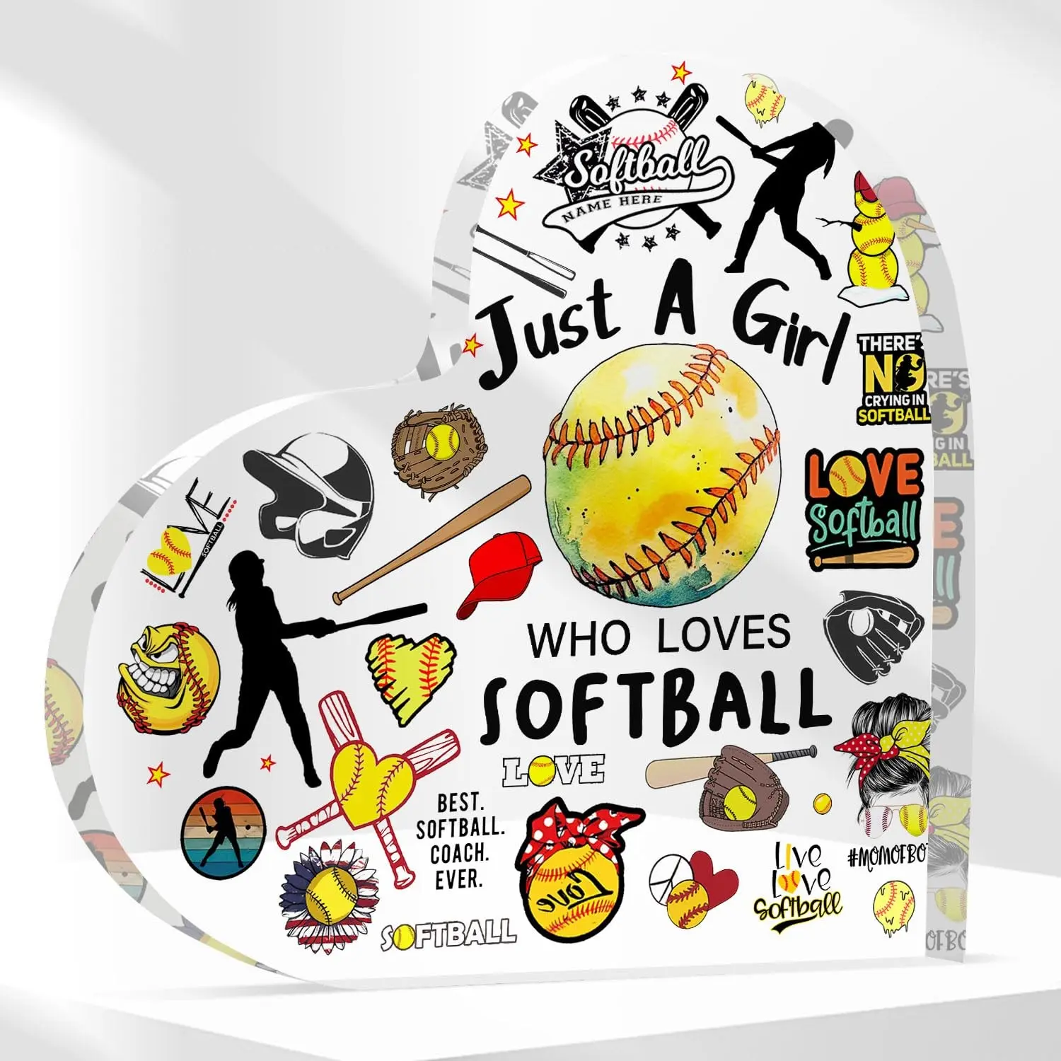 Softball Team Gifts 4x4 Inch Acrylic Plaque, Acrylic Desktop Decoration, Heart Plaque, Graduation Christmas Birthday Presents, Decorative Ornament for Softball Lovers
