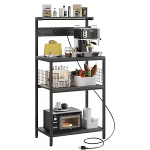 Kitchen Baker’s Rack with Power Outlet, 4-Tier Coffee Bar Station with 3 Built-in Outlets & Switch, Adjustable Microwave Stand, Freestanding Appliance Organizer for Small Kitchen - 23.6 Inch