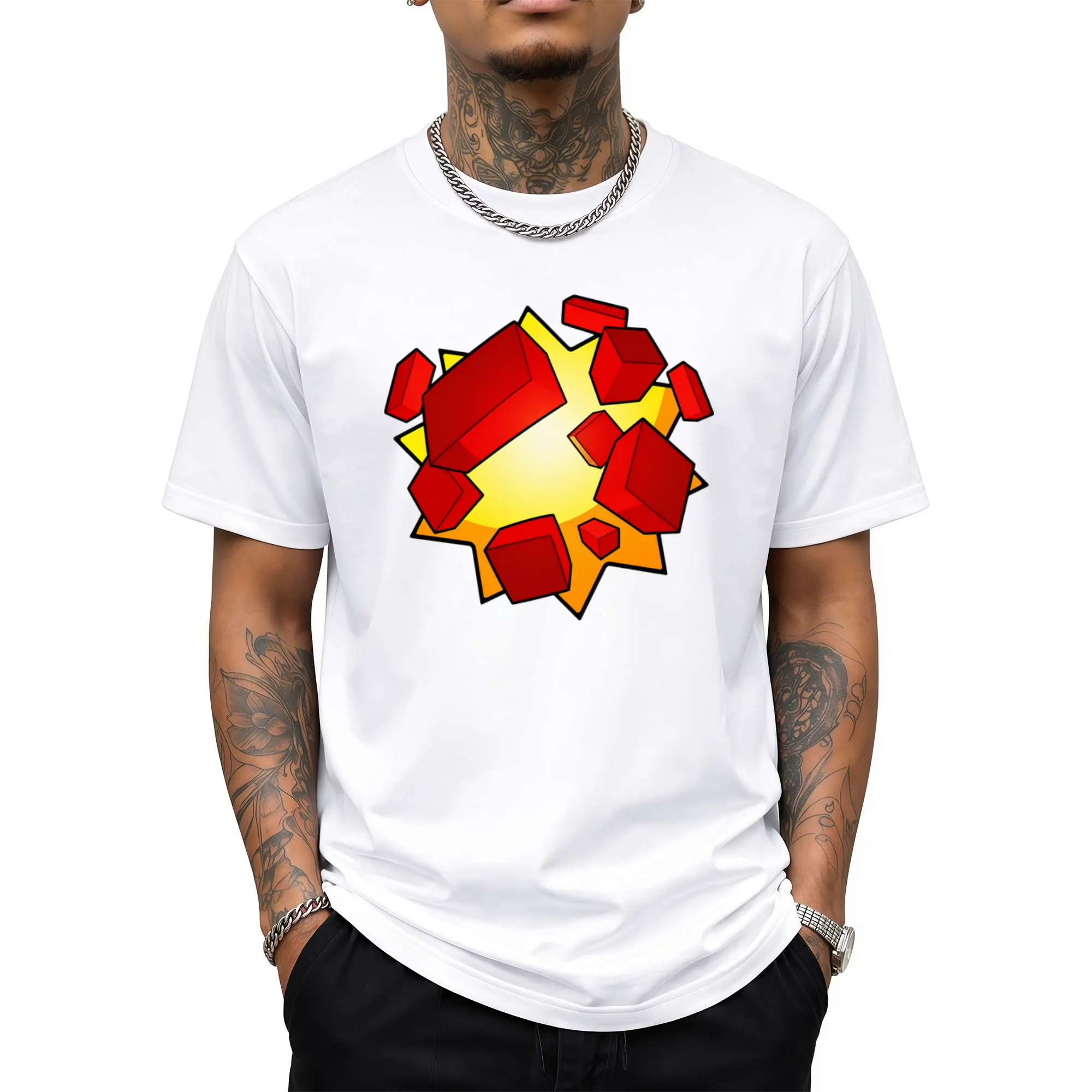 Oversized Crew Neck Short Sleeve T Shirt Featuring Cartoon Burst Star Explosion Graphic With Shattered Red Cube Pixel Redstone Blocks Unisex Soft Cotton Casual Sandbox Video Game Lover Basic Daily Top