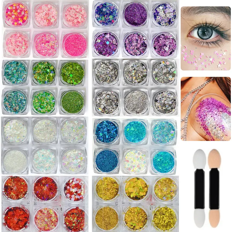 Women's 6-Styles Body Pearlescent Glitter Gel - Multichrome Glitter, Non-Sticky Glow, Sparkle Boost, Sensitive-Skin Safe, Lightweight Festival Makeup with Hexagon, Star, Moon & Butterfly Shapes