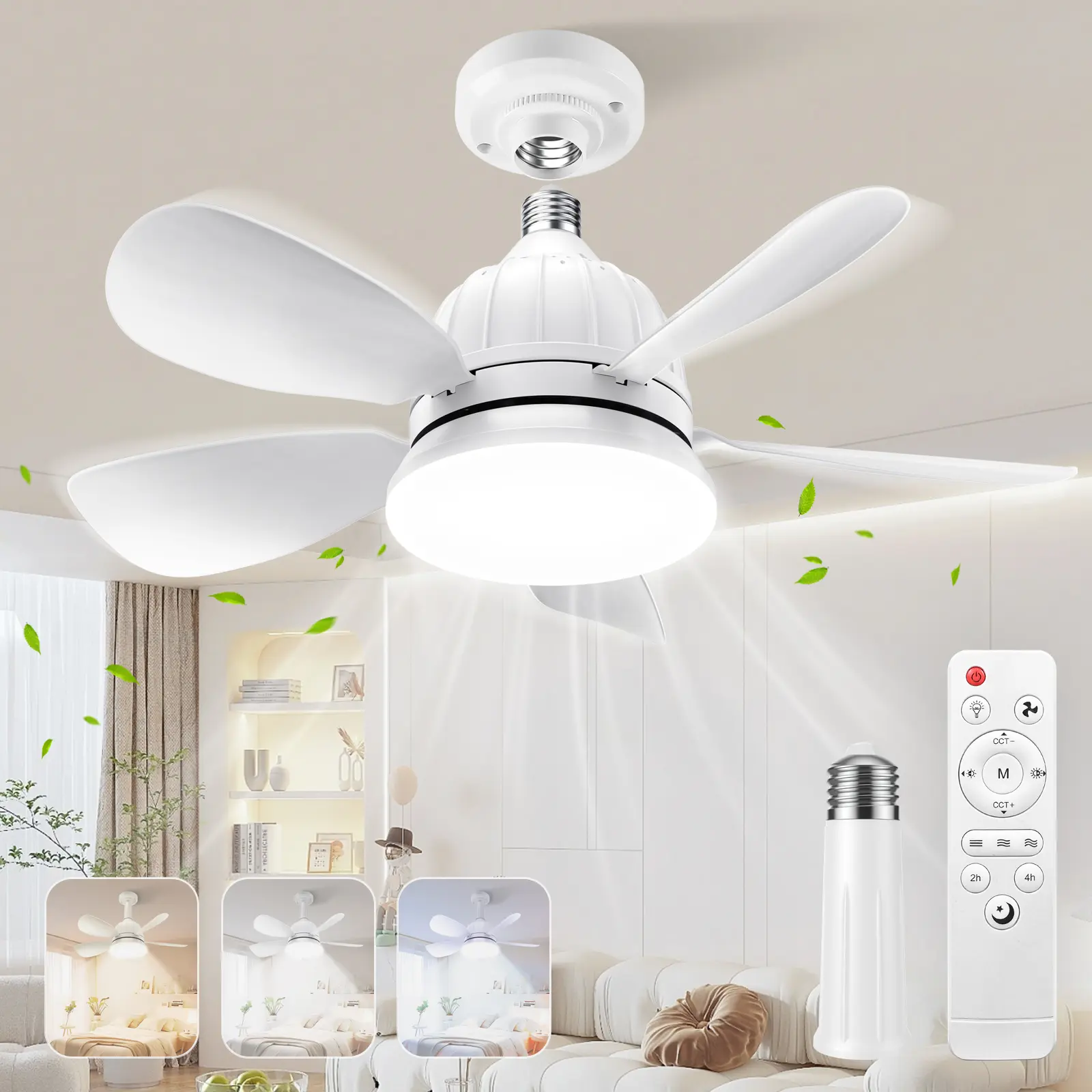 Socket Ceiling Fan Light with Remote Control, E27 Base Dimmable LED Energy-saving Lights with 3-Speed Wind Adjustment, Replacement for Lightbulb Base Socket Ceiling Fan Light with Remote Control, E27 Base Dimmable LED Energy-saving Lights with 3-Speed Wind Adjustment, Replacement for Lightbulb Base