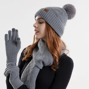 3-Piece Set Knitted Hat for Women, Warm Hat, Winter Fashion Knitted Scarf, Gloves,  Ear Protection, Pullover Hat