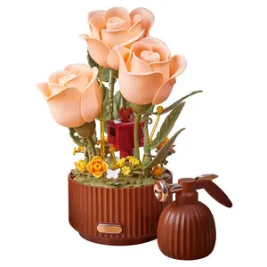 Dynamic Interactive Building Block Flower One Click Blooming Ambient Night Light Educational Assembly Desktop Ornament Perfect Gift(Building block style, requires assembly)