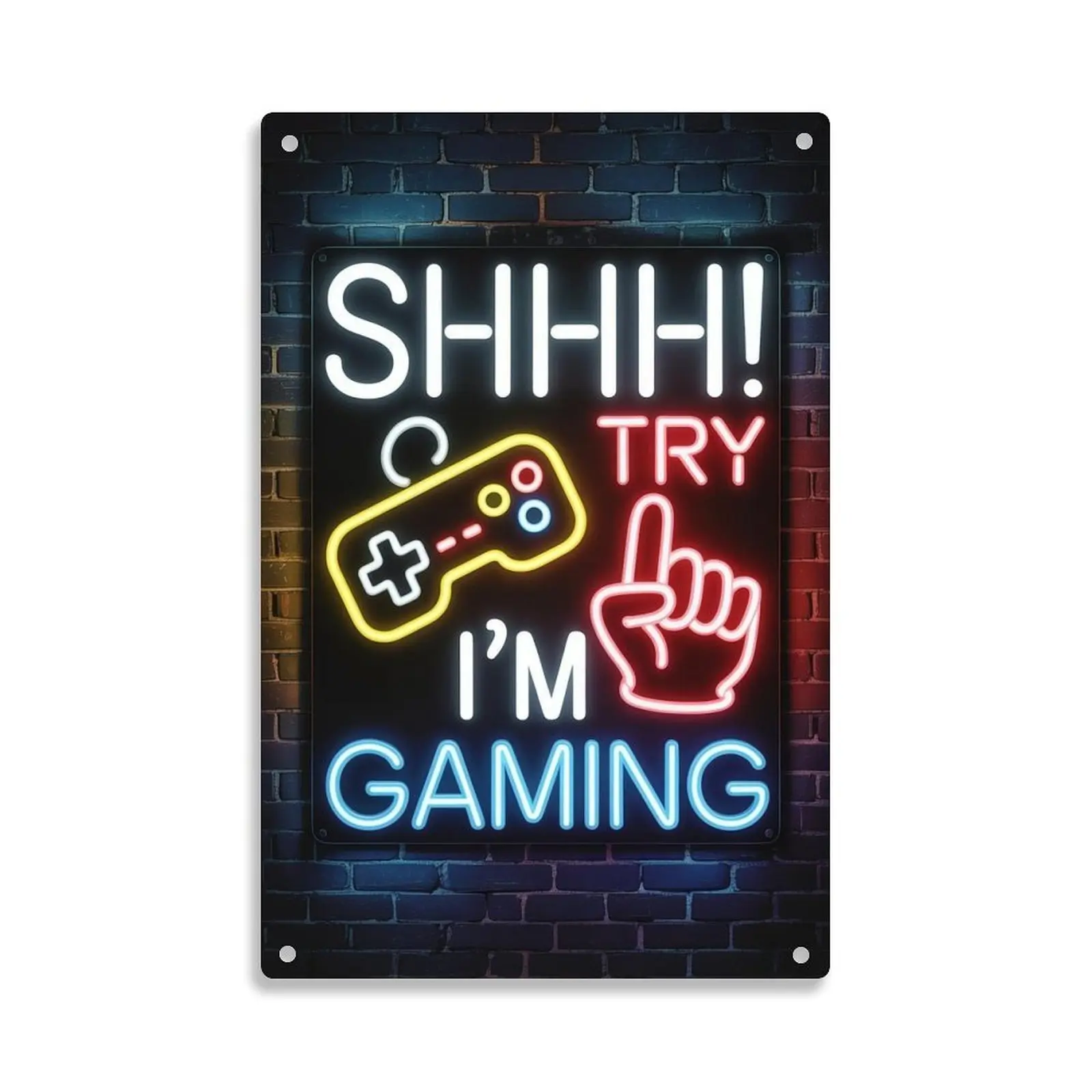Gamer Shhh I'm Gaming Neon Style Tin Sign， Vintage Gamer Metal Sign Print Aesthetic Room Decoration for Home Bedroom Kitchen Bar Dorm Bathroom Wall Decor 8 X 12 Inch
