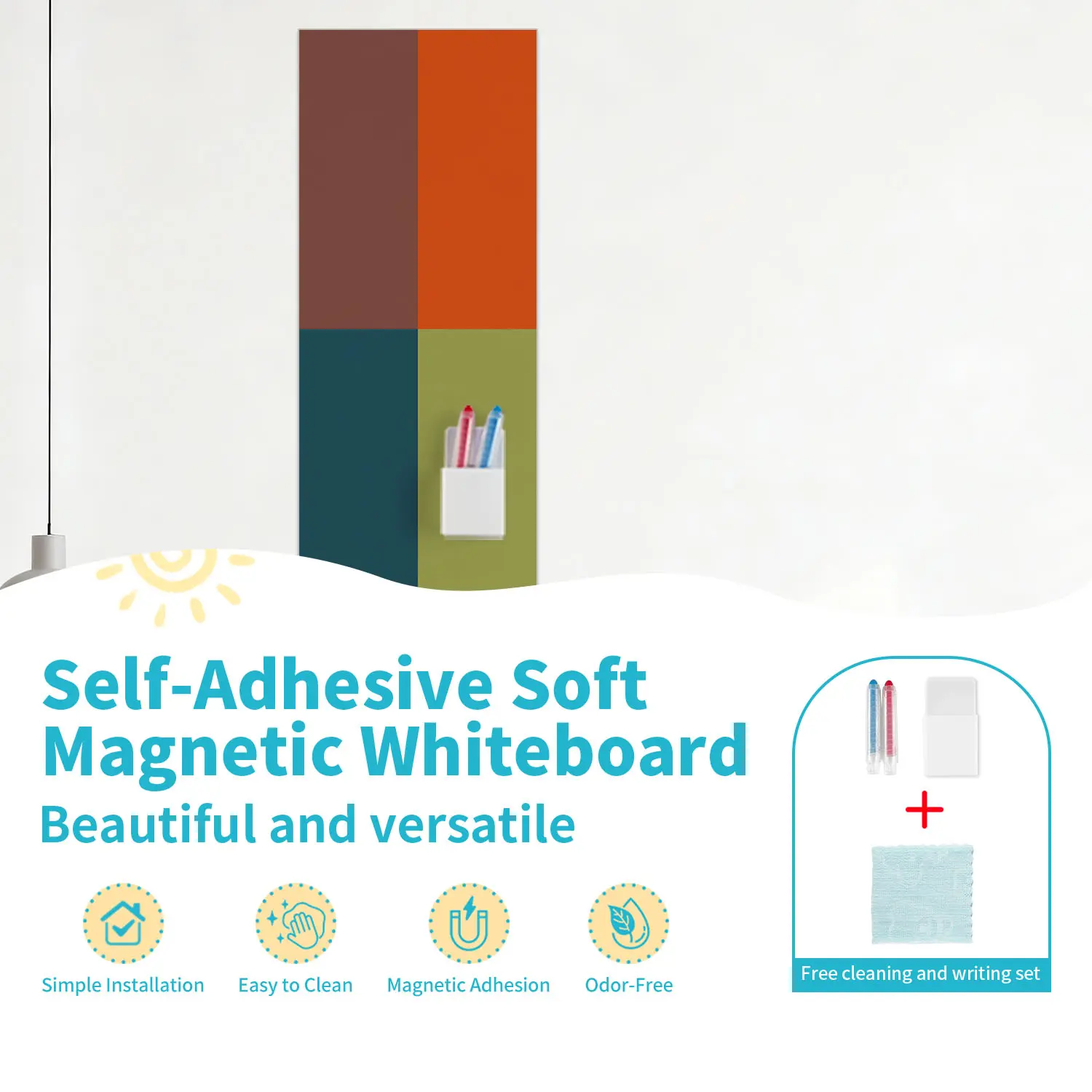 Self-Adhesive Magnetic Whiteboard Wall Sticker, Removable Vinyl Decal, Multi-Color Design, Easy to Clean, Reusable, Home Decor, 100cm X 40cm