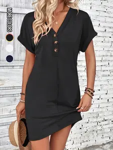 Women's Plain Button V Neck Tee Dress, Casual Short Sleeve Batwing Sleeve Short Dress for Summer, Fashion Women's Dress