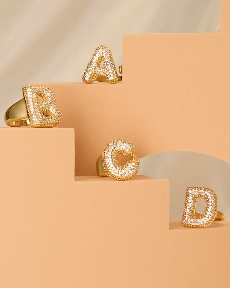 Lena 18K Yellow Gold-Plated Cubic Zirconia Pavé Initial Ring - Bubble-Themed, Gold Accents, Sparkly, Embellished Graphic Initial Rings, Gold Accents Rings