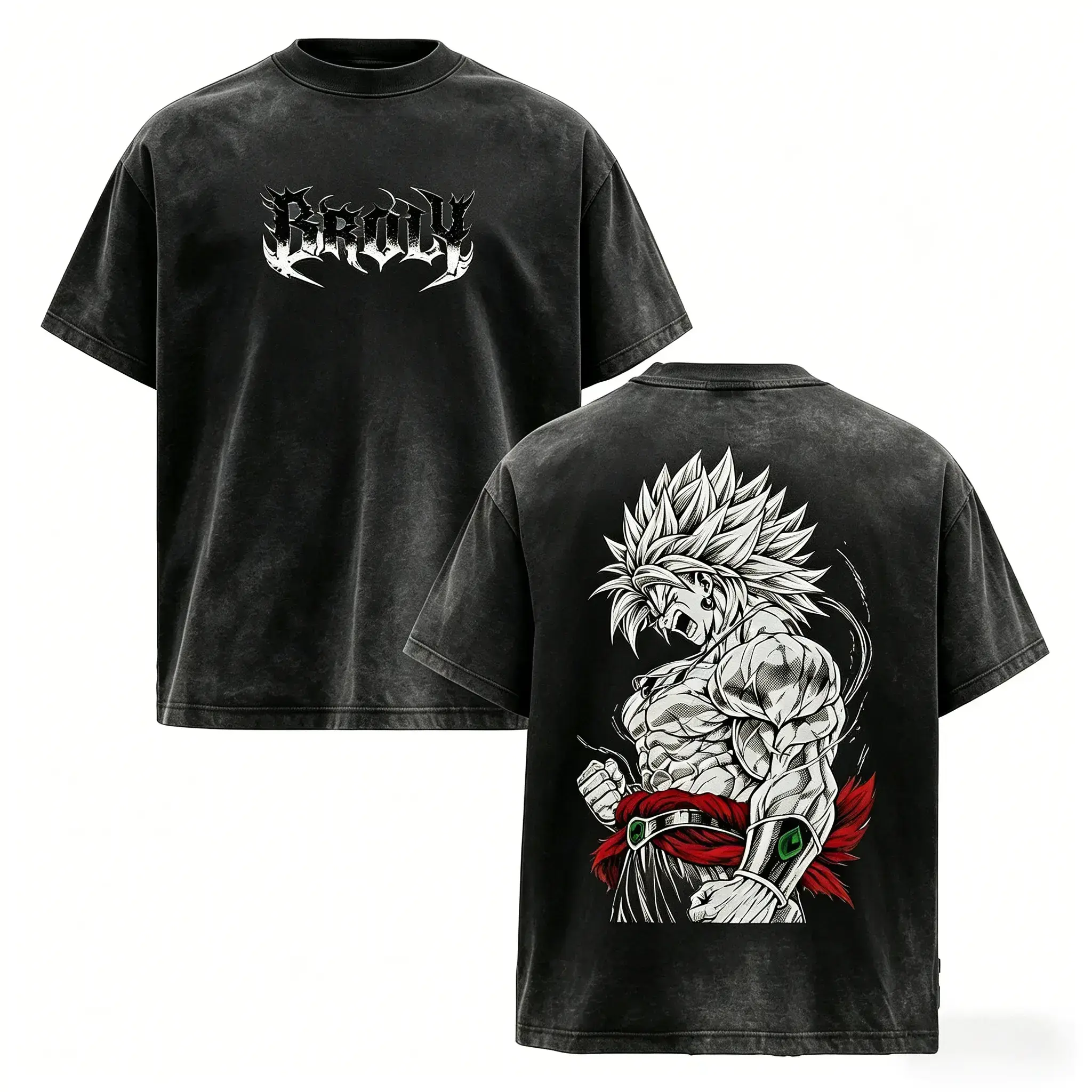 Men's Broly The Legendary Vintage Washed Oversized Street Fit Short-Sleeve Round Neck Graphic Shirt - DBZ Double-Print Heavy Cotton Streetwear Top, Gym Pump Cover, Anime Fan Gift, Soft Dragon Character Unisex Menswear Classic
