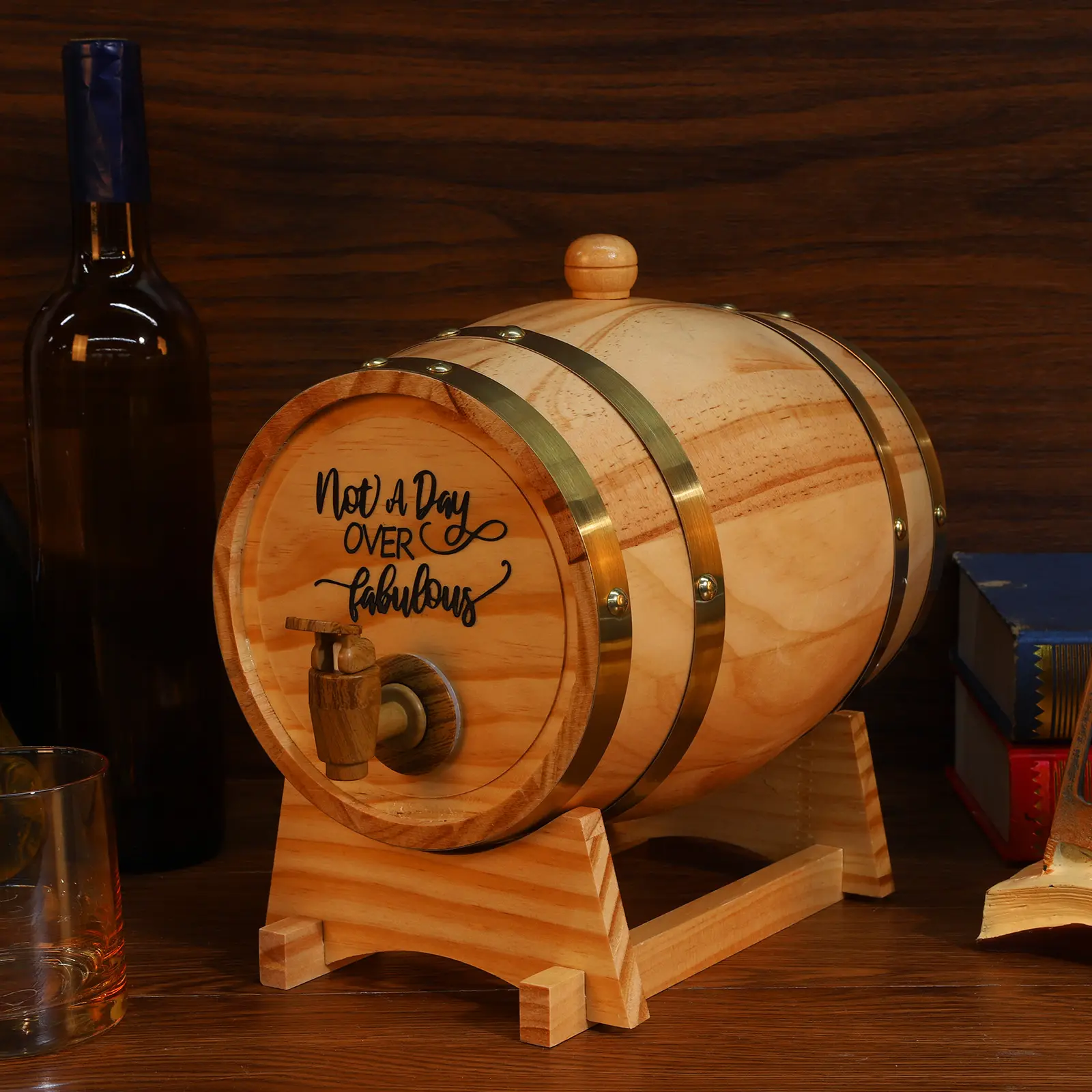 1 x 3L Oak Barrel (265.00x255.00x190.00mm) - Engraved Kitchenware Bar Utensil with Oak-Plastic Stand, Stopper, Wood Grain Faucet, Liquor Storage Equipment for Accelerated Aging Process, 1 X Stopper