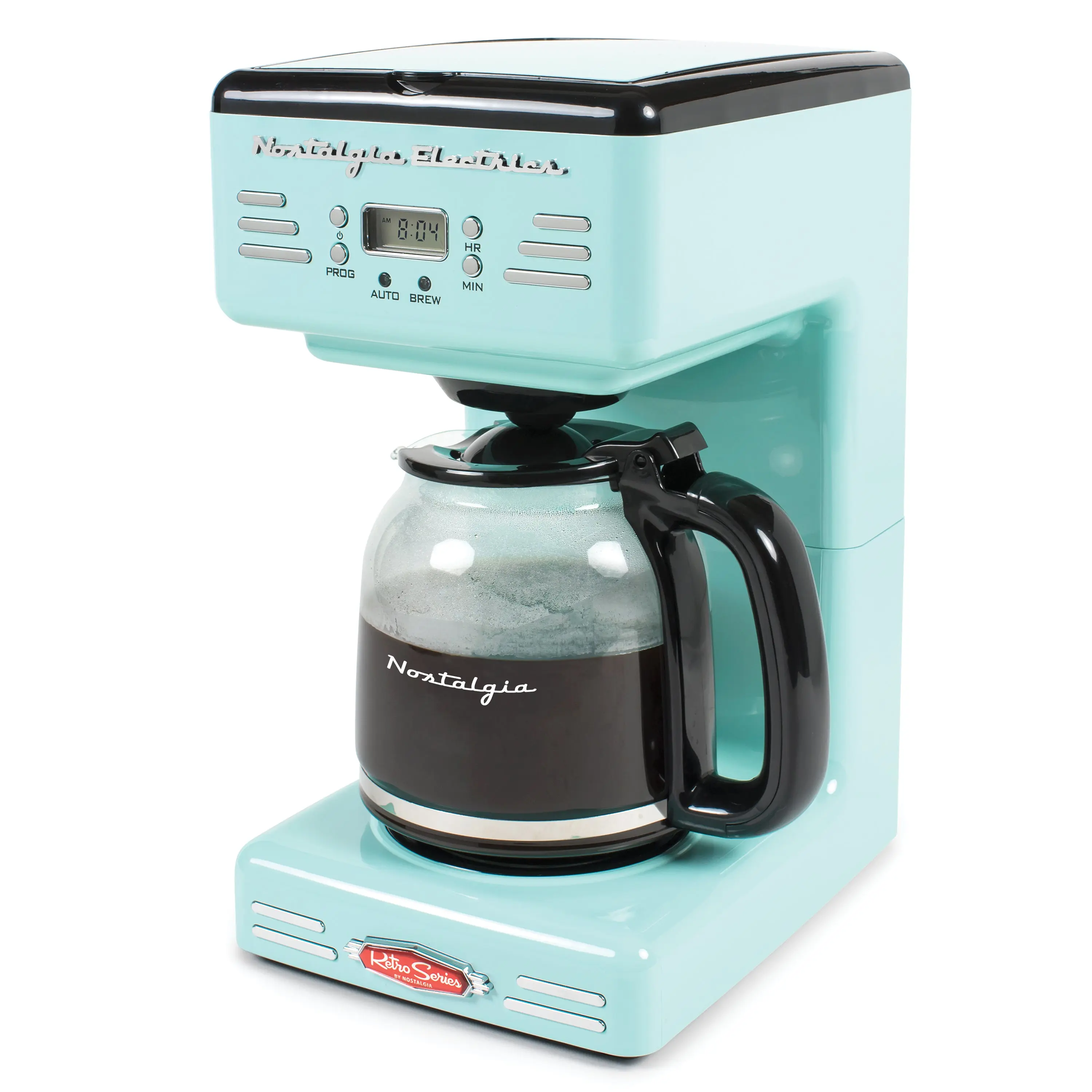 Nostalgia Retro 12-Cup Brew Coffee Machine for Home Cafe - 24-Hour Programmable Clock, Pause & Serve, Keep Warm, Anti-Drip Design, Spill Proof, Boil Dry Protection, Reusable Filter, Display