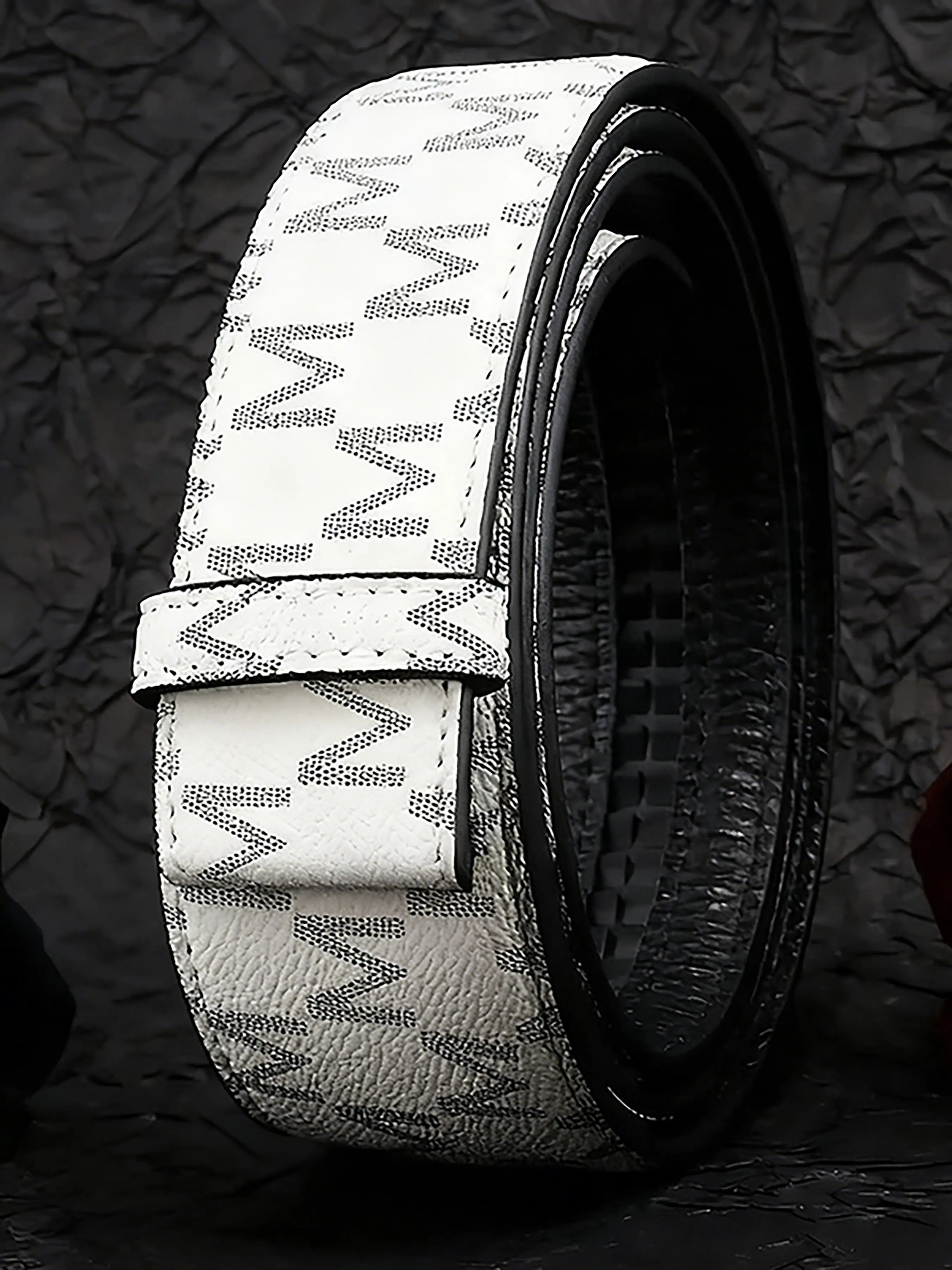 Men's and women's letter embossed PU leather belt with automatic buckle waistband, Pu Leather Material, black and white color, free cutting, street style, regular fit 3.5cm/1.38in wide ratchet belt body