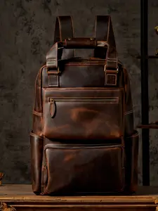 Handmade Vintage Mad Horse Leather Large Shoulder Bag, Genuine Leather Men's High Capacity Laptop Backpack, Casual Business Travel