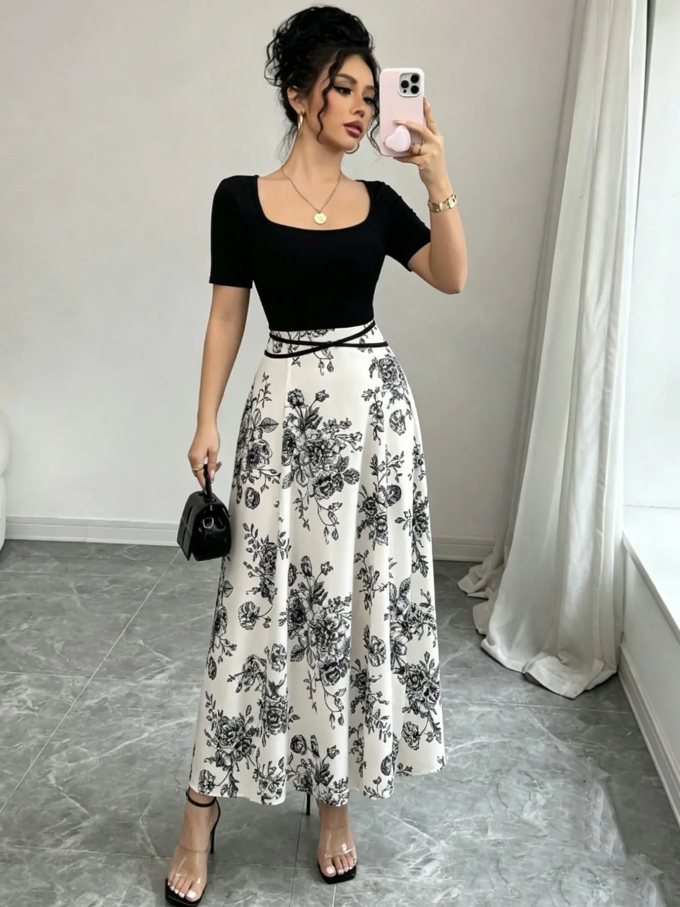 Elegant Women's Slim Fit Square Neck Short Sleeve Waist Cinch Patchwork Chinese Floral Print Dress, Womenswear, Stylish, Chic, Elegance and Comfortable Fashion Wear