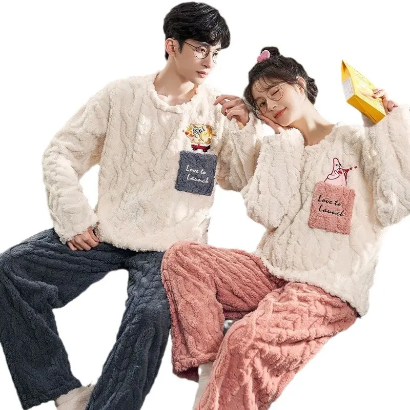 Couple's Matching Thick Fleece Pajama Sets - Baggy Oversized Style, Longsleeves, Adorable Prints, Cozy Warmth Winter Holiday Nightwear, Multi-Size Men's & Women's Sleepwear Loungewear Clothes