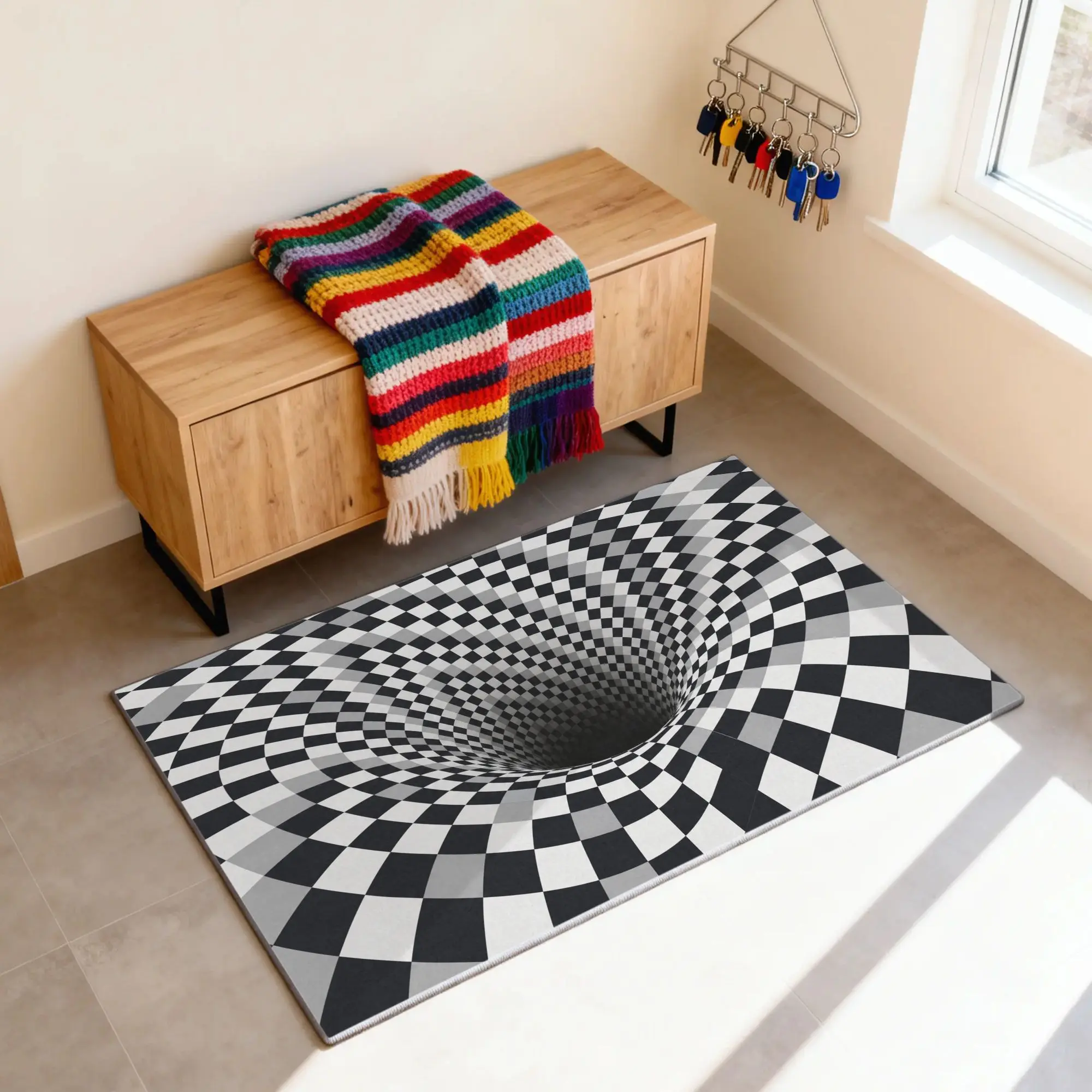 3D Vortex Optical Illusion Rug | Viral Visual Trap Carpet, Black White Geometric Floor Mat for Bedroom & Game Room