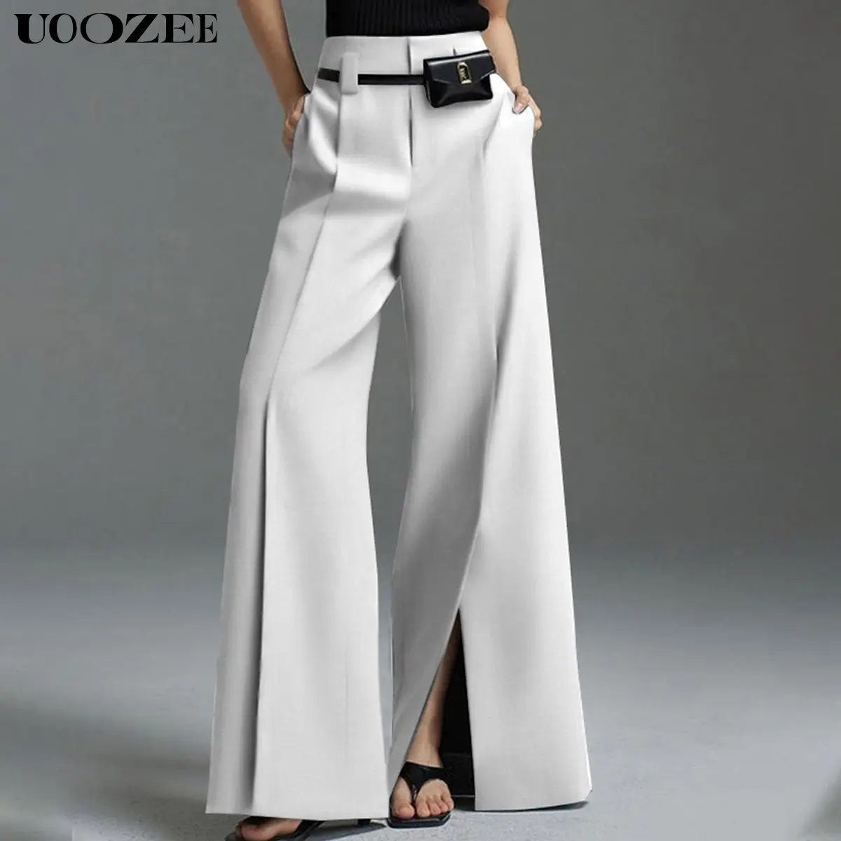 UOOZEE Women's High-Waisted Wide-Leg Polyester-Spandex Pants - Fitted, Light, Minimalist Basic Style, Pleated Split-Front Button-Detail Business Casual Slacks for Office Work, Business Casual Pants, Wide Leg Trousers, Buttons, Plain, Bottoms, Chic Pants