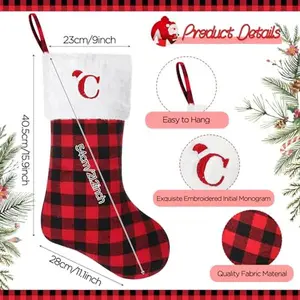 20 inches Large Initial Monogram Christmas Stocking Red Black Buffalo Plaid Personalized Christmas Stockings with Embroidered Letters Initial Christmas Stockings for Xmas Holiday Fireplace Decor (C)