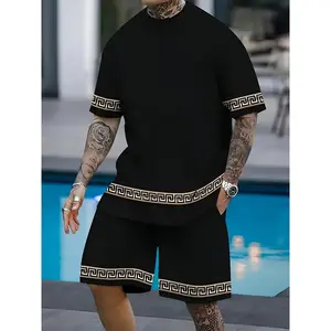 GGOR New Men's novel black, patterned 3D printed T-shirt and shorts set for home gatherings, perfect for summer outdoor sports and casual wear - comfortable fit, complete Men's clothing two-piece set