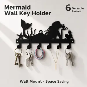 Mermaid Key Holder for Wall, 6-Hook Black Metal Key Rack, Cute Ocean Decor for Entryway & Bedroom Organization
